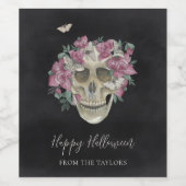 Roze orchidee Floral Skull Persoonlijk Halloween Wijn Etiket (Enkel label)