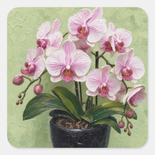 Roze Orchidee Impasto Kunstwerk Vierkante Sticker (Voorkant)