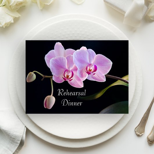 Roze orchidee op Black Wedding Rehearsal Dinner Kaart