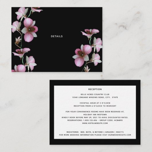 Roze orchidee op zwarte behuizingskaart informatiekaartje (Voorkant / Achterkant)