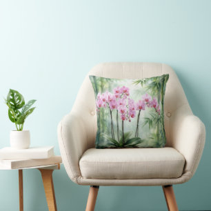 Roze Orchidee Plant op Bamboe Achtergrond Kussen