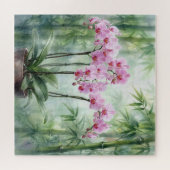 Roze Orchidee Plant op Bamboe Achtergrond Legpuzzel (Horizontaal)