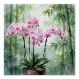 Roze Orchidee Plant op Bamboe Achtergrond Perfect Poster