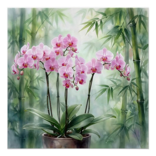 Roze Orchidee Plant op Bamboe Achtergrond Perfect Poster (Voorkant)