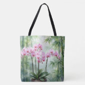Roze Orchidee Plant op Bamboe Achtergrond Tote Bag (Voorkant)