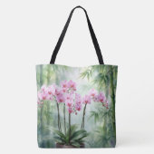 Roze Orchidee Plant op Bamboe Achtergrond Tote Bag (Achterkant)