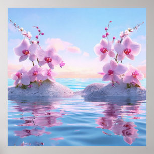 🌸 Roze Orchidee Waterreflectie Rustige Ruimtes 🌸 Poster