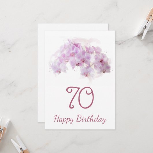 Roze Orchidee Waterverf Bloemen 70ste Verjaardag Kaart (Voorkant / Achterkant in situ)