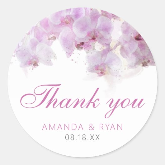 Roze Orchidee Waterverf Bloemen Bloemen Bruiloft K Ronde Sticker (Voorkant)