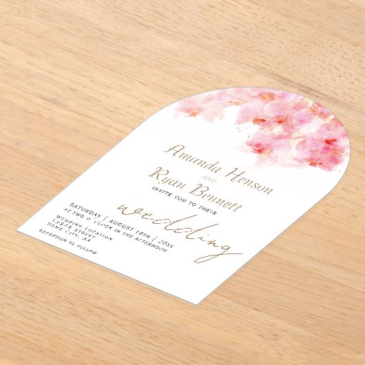 Roze orchidee Waterverf Bloemvezel bruiloft Acryl Uitnodigingen (Laagn)