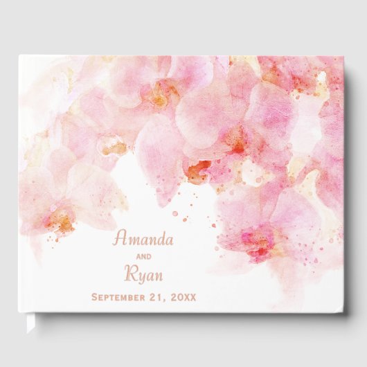 Roze orchidee Waterverf Bloemvezel bruiloft Gastenboek (Voorkant)