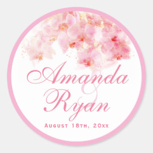 Roze orchidee Waterverf Bloemvezel bruiloft Ronde Sticker
