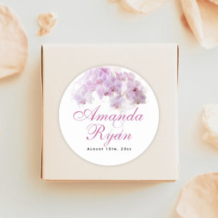 Roze orchidee Waterverf Bloemvezel bruiloft Ronde Sticker