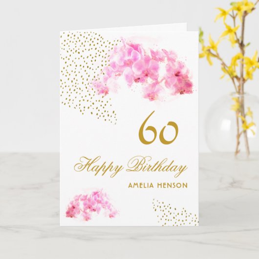 Roze Orchidee Waterverf Gouden Glitter 60ste Verja Kaart (Gele Bloem)