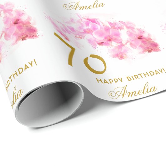 Roze Orchidee Waterverf Gouden Glitter 70ste Verja Cadeaupapier (Rol Hoek)