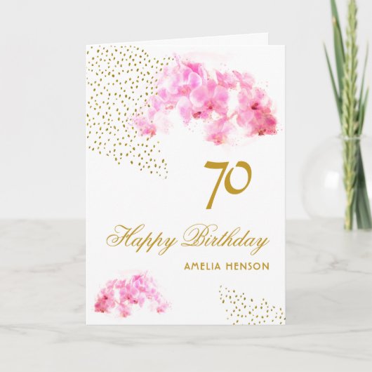 Roze Orchidee Waterverf Gouden Glitter 70ste Verja Kaart (Voorkant)