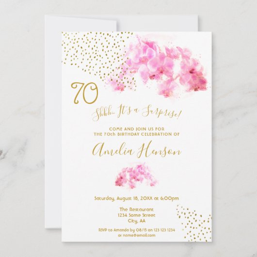 Roze Orchidee Waterverf Gouden Glitter 70ste Verja Kaart (Voorkant)