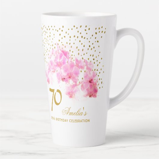 Roze Orchidee Waterverf Gouden Glitter 70ste Verja Latte Mok (Rechts)