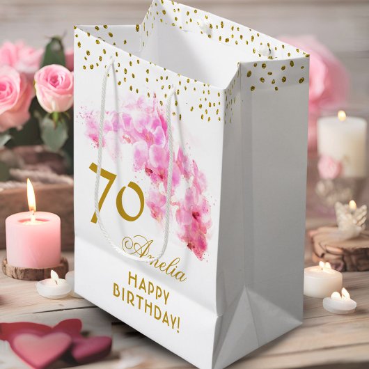 Roze Orchidee Waterverf Gouden Glitter 70ste Verja Medium Cadeauzakje