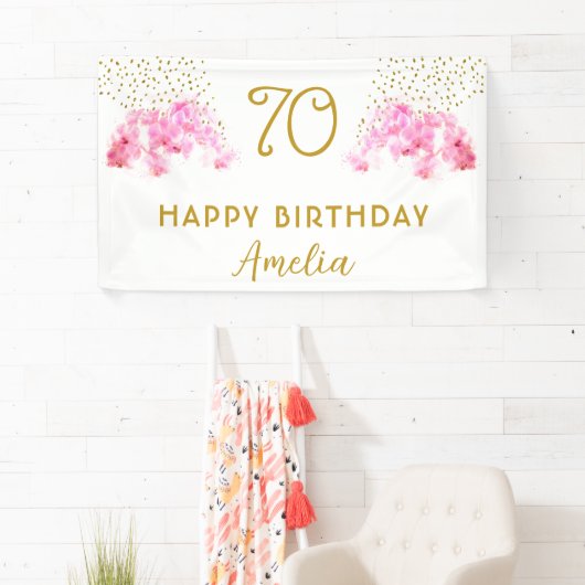 Roze Orchidee Waterverf Gouden Glitter 70ste Verja Spandoek (Insitu)