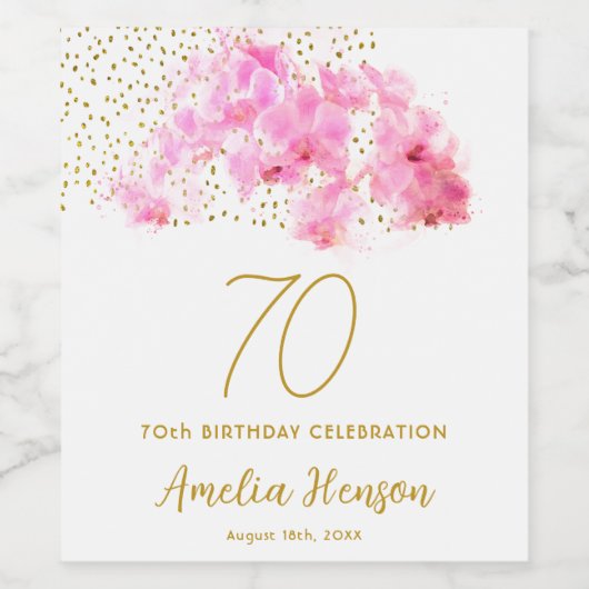 Roze Orchidee Waterverf Gouden Glitter 70ste Verja Wijn Etiket (Enkel label)