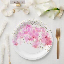 Roze Orchidee Waterverf Gouden Glitter Papieren Bordje