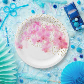 Roze Orchidee Waterverf Gouden Glitter Papieren Bordje (Feest)