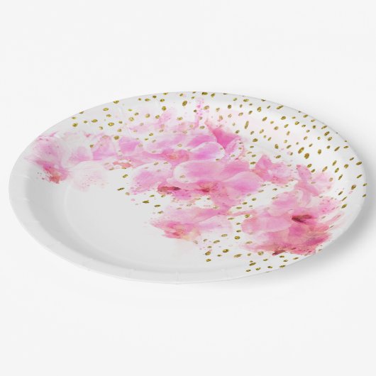 Roze Orchidee Waterverf Gouden Glitter Papieren Bordje (Gekanteld)