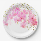 Roze Orchidee Waterverf Gouden Glitter Papieren Bordje (Voorkant)