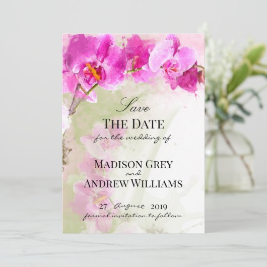 Roze orchidee Waterverf plastic sparen de Datum Save The Date (Staand voorkant)