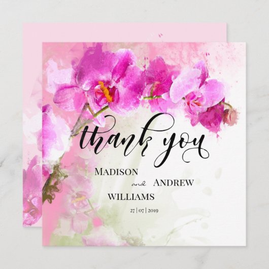 Roze orchidee Waterverf Splash Hartelijk dank Bedankkaart (Voorkant / Achterkant)