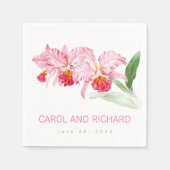 Roze Orchideeën Aquarel Naam Datum Bruiloft Servet (Voorkant)