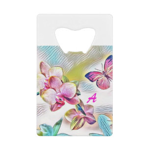 Roze orchideeën bloemen en vlinderbloemenkaart b creditkaart flessenopener