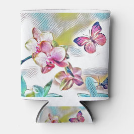 Roze orchideeën bloemen en vlinders blikjeskoeler