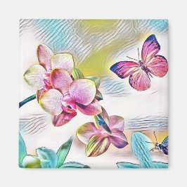 Roze orchideeën bloemen en vlinders magneet