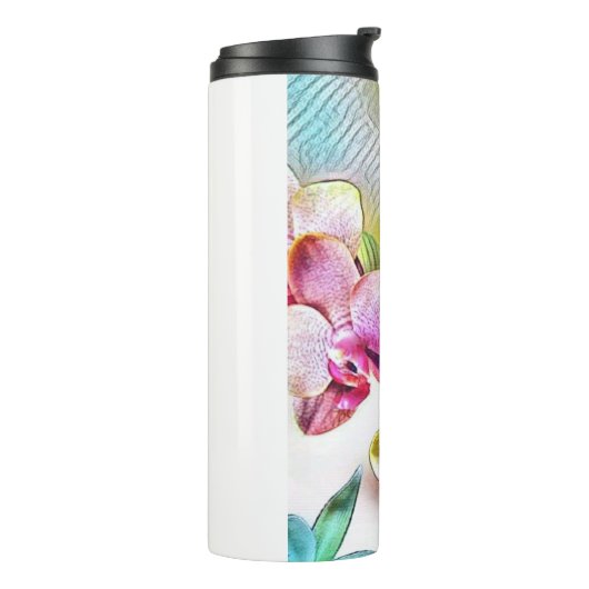 Roze orchideeën bloemen en vlinders thermosbeker (Gedraaid links)