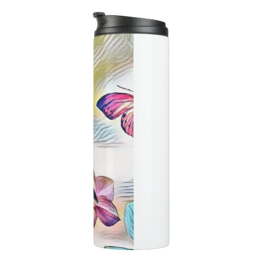 Roze orchideeën bloemen en vlinders thermosbeker (Geroteerd rechts)