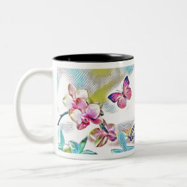 Roze orchideeën bloemen en vlinders tweekleurige koffiemok