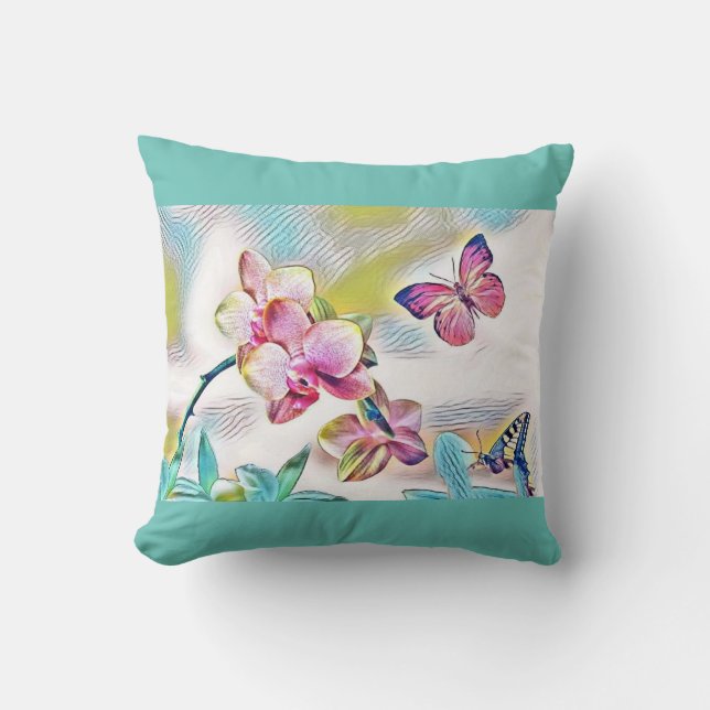 Roze orchideeën bloemen en vlinders werpen kussen  (Voorkant)