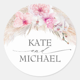 Roze Orchideeën en Pampas Grass Elegant Modern Ronde Sticker