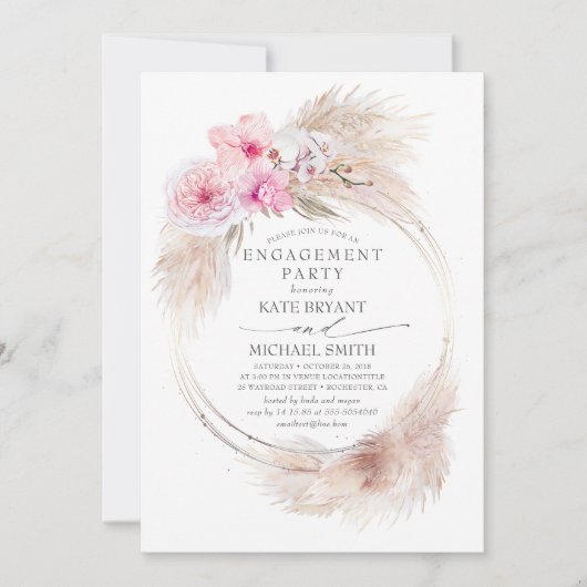 Roze orchideeën en Pampas Grass Engagement Party Kaart (Voorkant)