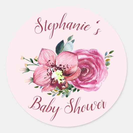 Roze orchideeën en Rozen Baby shower Ronde Sticker (Voorkant)