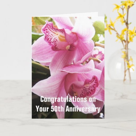 Roze orchideeën Gepersonaliseerd 50ste Jubileum vo Kaart (Gele Bloem)