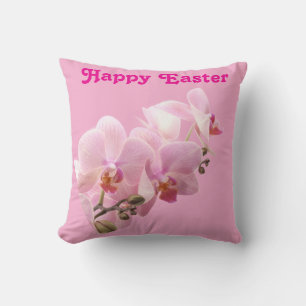 Roze Orchideeën “Happy Easter” Worp Kussen