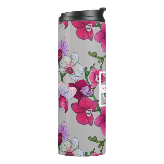 Roze orchideeën in Bloom | Jouw namen toevoegen Thermosbeker (Gedraaid links)