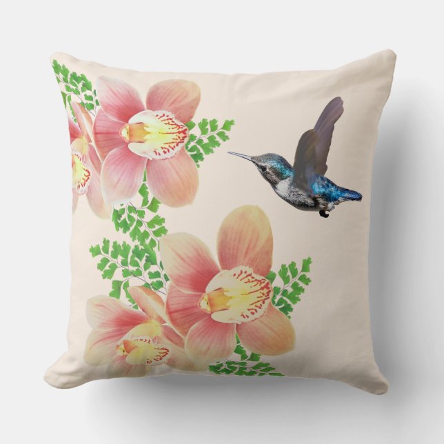 Roze orchideeën & kolibrie op ivoor kussen (Voorkant)
