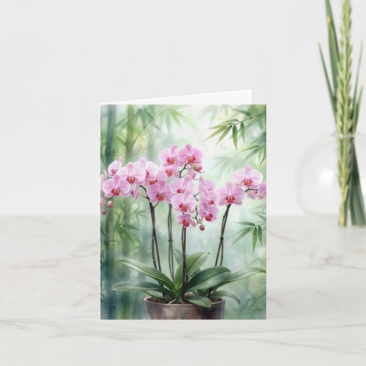 Roze orchideeën met bamboebomen feestdagen kaart (Voorkant)