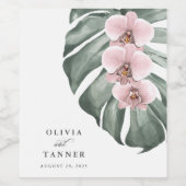 Roze orchideeën op het Monstera Tropisch Paradise Wijn Etiket (Enkel label)
