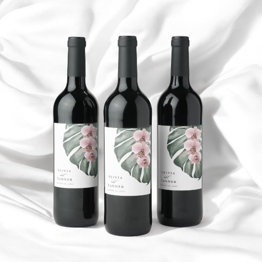 Roze orchideeën op het Monstera Tropisch Paradise Wijn Etiket