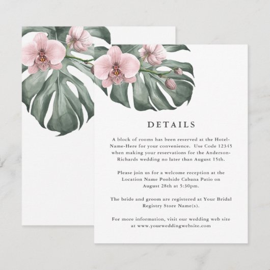 Roze Orchideeën op Monstera Tropische bruiloft Det Informatiekaartje (Voorkant / Achterkant)